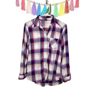 Eddie Bauer Rustic Plaid Pink Purple Orange Cozy Plaid Flannel Shirt Size Medium